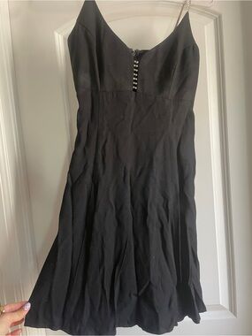 Vintage 90s Bari Jay Black Rhinestone Cocktail Dress Gemstone Straps V Neck 4